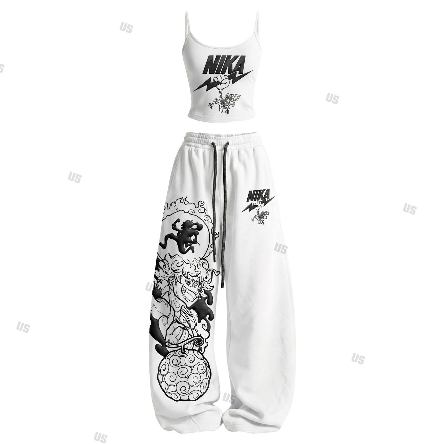 Strappy Top + Baggy Sweatpants Set: Stylish & Casual Anime-Print Outfit (Top Includes Built-in Padding)