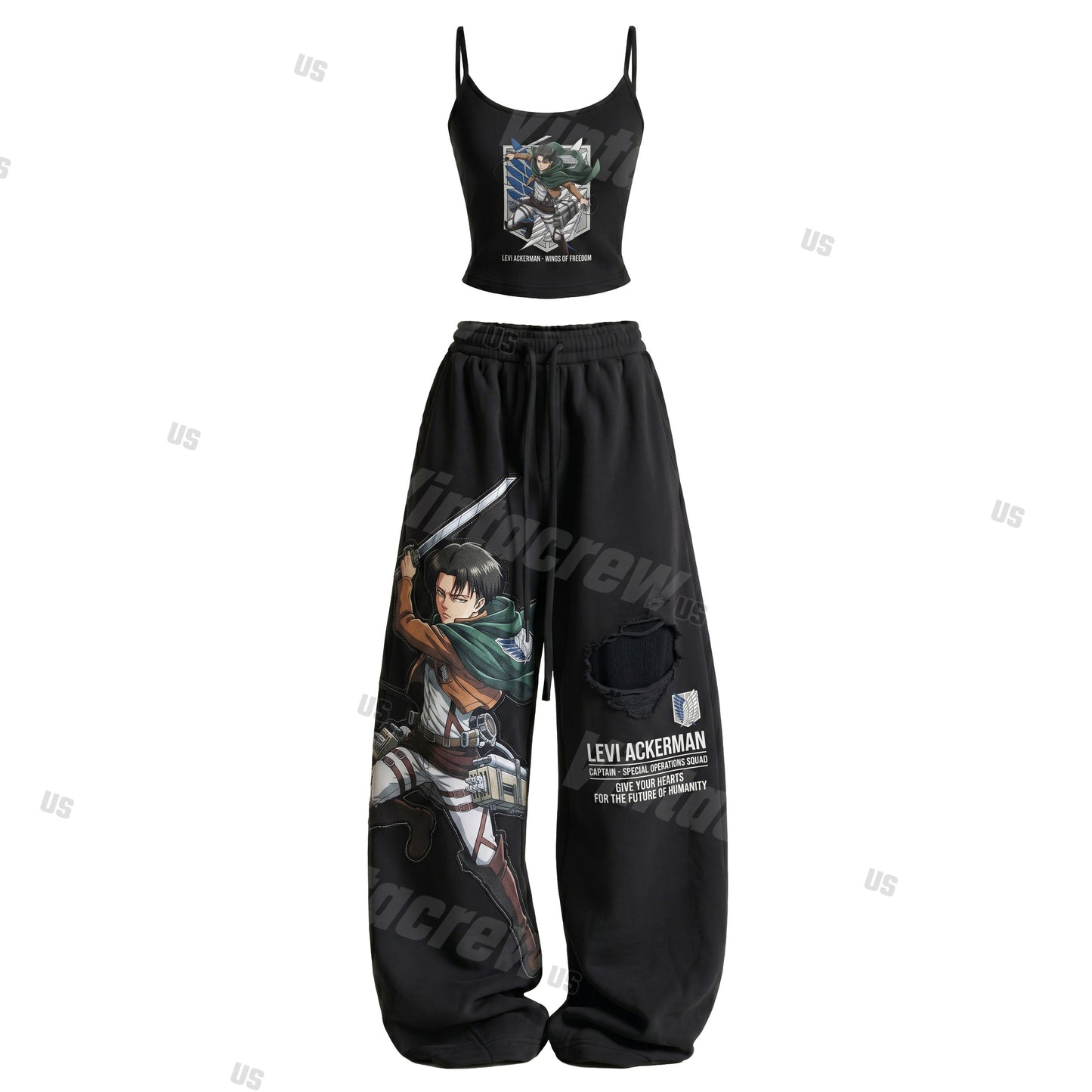 Strappy Top + Baggy Sweatpants Set: Stylish & Casual Anime-Print Outfit (Top Includes Built-in Bra Cups)