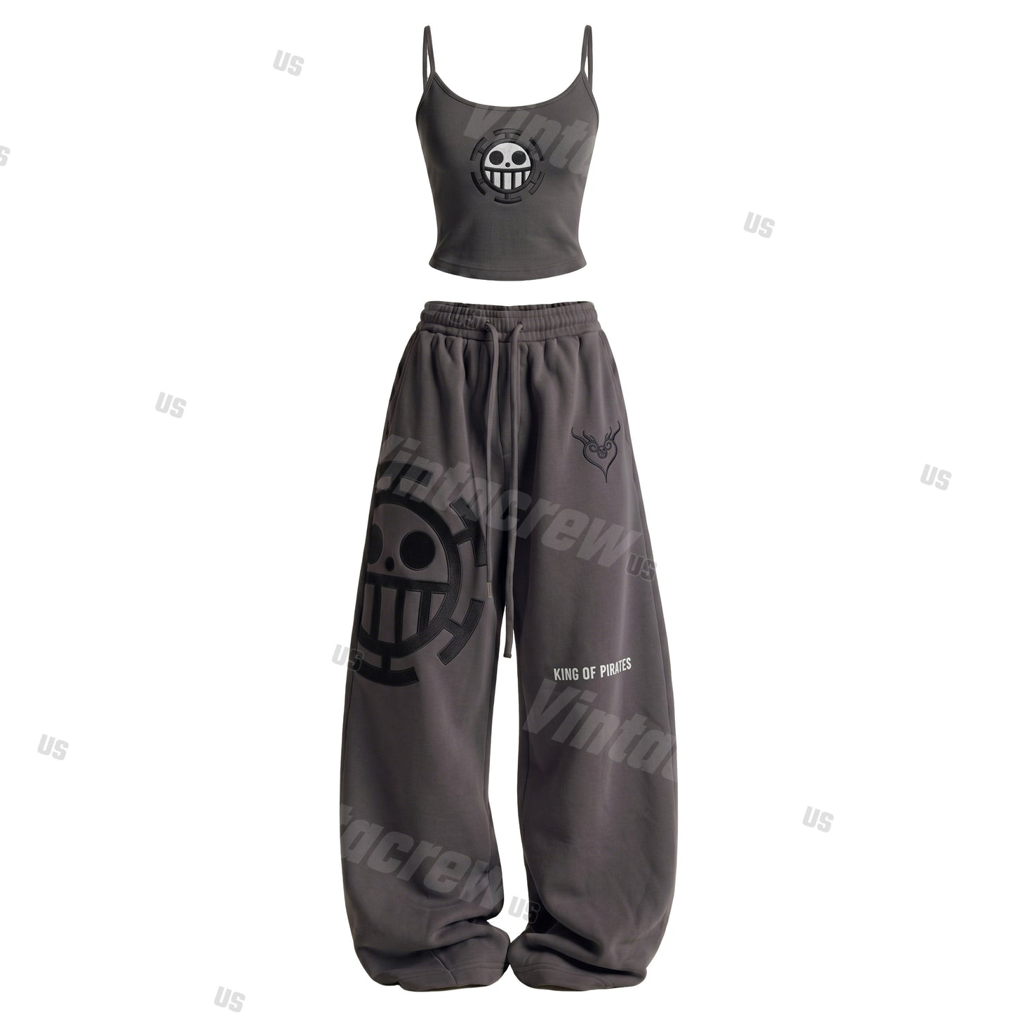 Strappy Top + Baggy Sweatpants Set: Stylish & Casual Anime-Print Outfit (Top Includes Built-in Bra Cups)