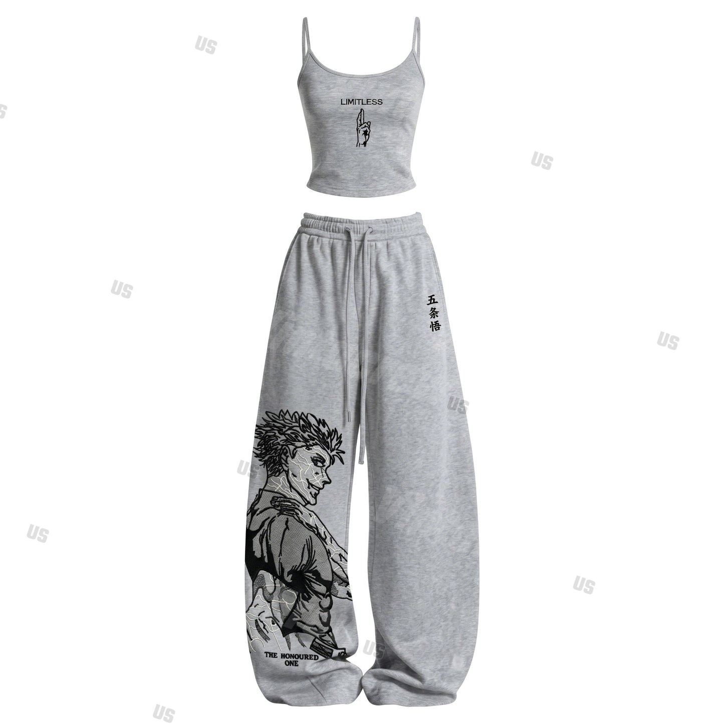 Strappy Top + Baggy Sweatpants Set: Stylish & Casual Anime-Print Outfit (Top Includes Built-in Bra Cups)