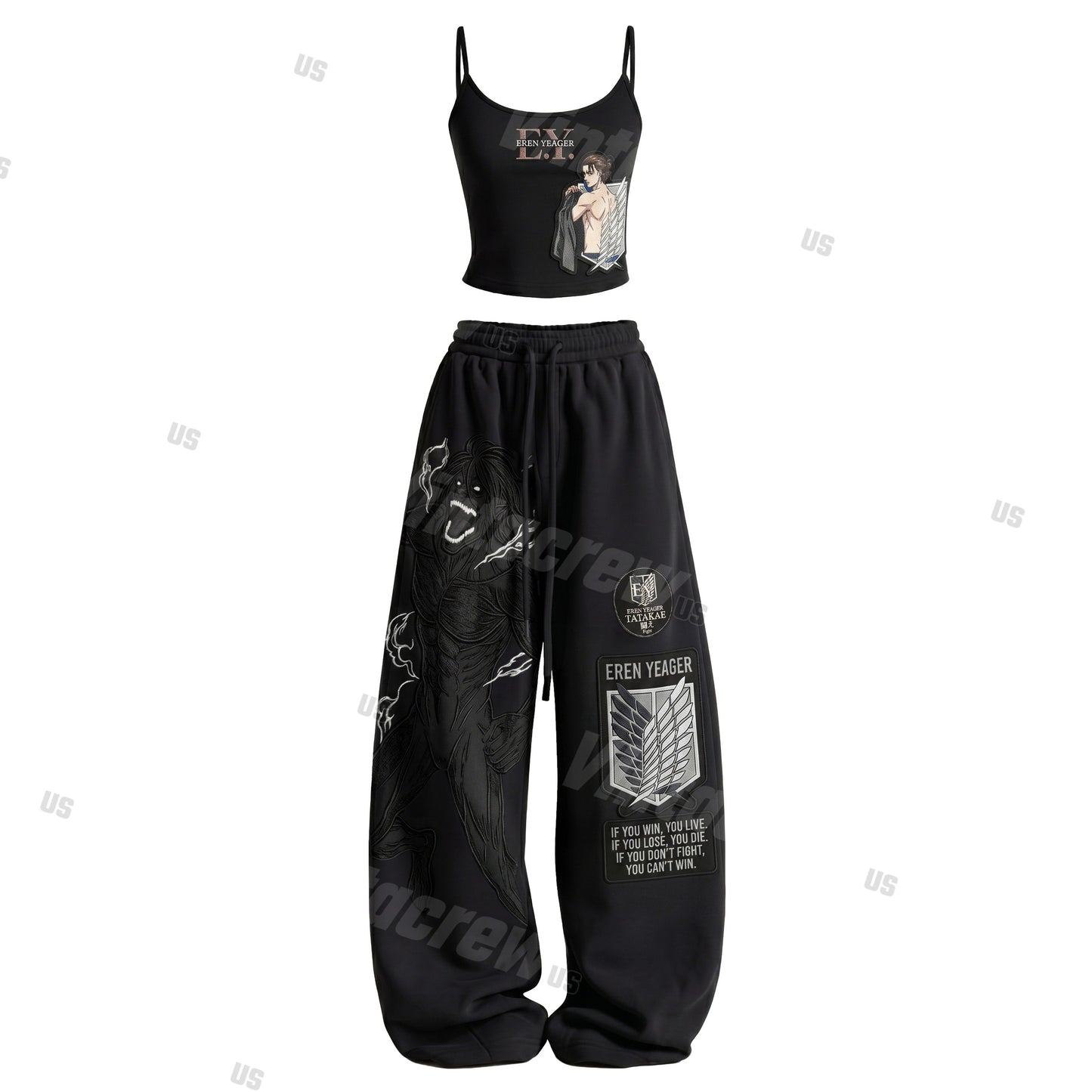 Strappy Top + Baggy Sweatpants Set: Stylish & Casual Anime-Print Outfit (Top Includes Built-in Bra Cups)