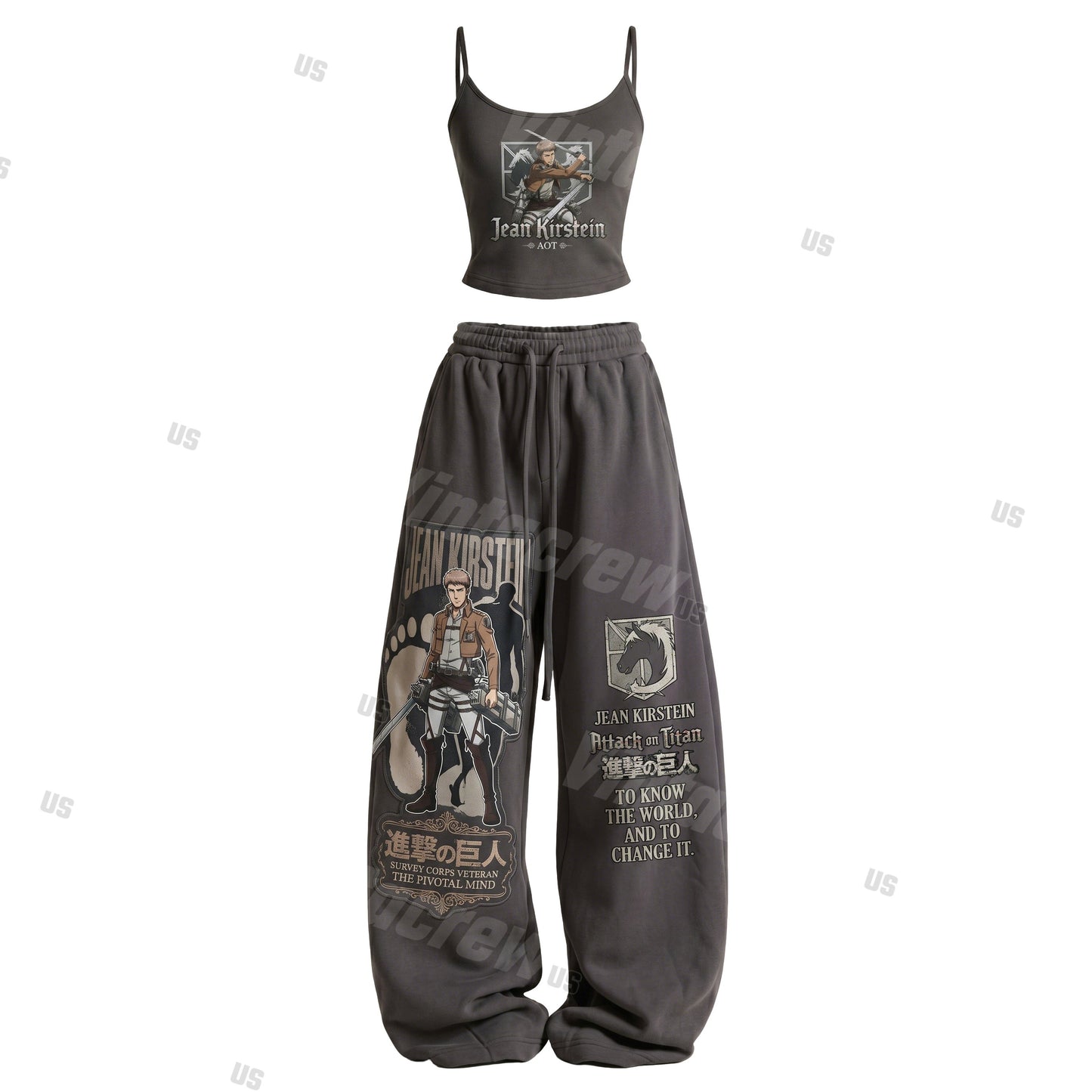 Strappy Top + Baggy Sweatpants Set: Stylish & Casual Anime-Print Outfit (Top Includes Built-in Bra Cups)