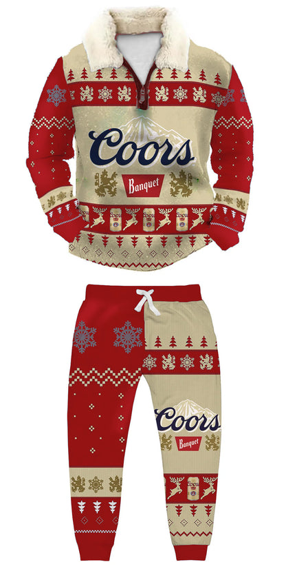 Christmas 1/4 Zip Stand Fleece Collar Thick Sweatshirt & Sweatpant rttr99