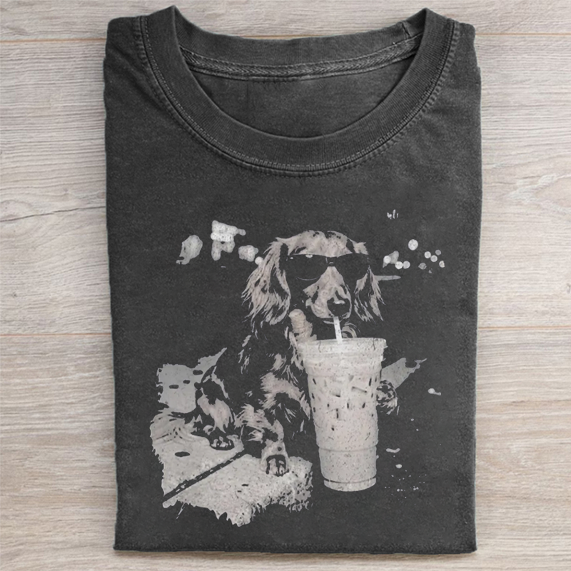 Funny Dog Drinking Iced Coffee T-shirt