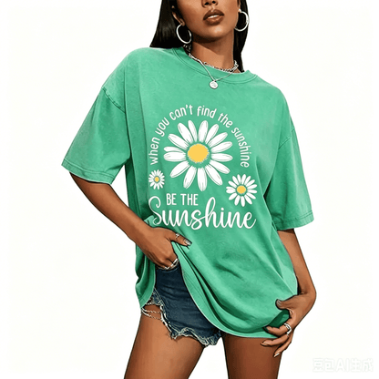 Women's Summer 100% Cotton T-Shirt: Sunshine Graphic,solid colors, Double Stitching, Breathable, Loose Fit, Casual Basic Tee for Daily Wear