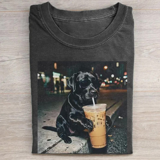 Funny Black Lab Drinking Iced Coffee T-shirt