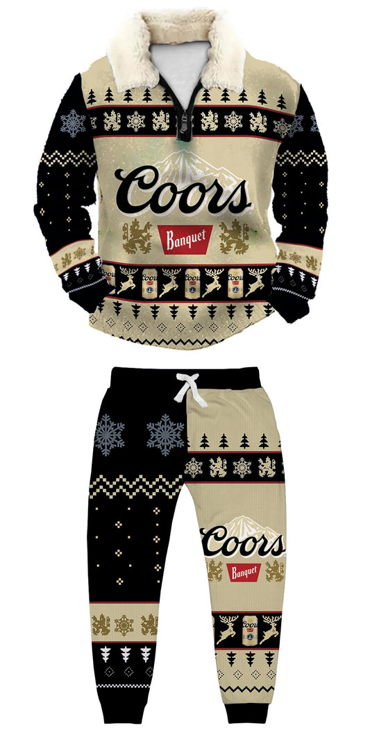 Christmas 1/4 Zip Stand Fleece Collar Thick Sweatshirt & Sweatpant rttr99