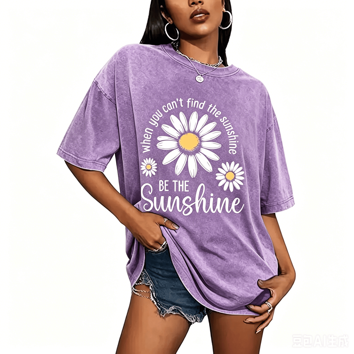 Women's Summer 100% Cotton T-Shirt: Sunshine Graphic,solid colors, Double Stitching, Breathable, Loose Fit, Casual Basic Tee for Daily Wear