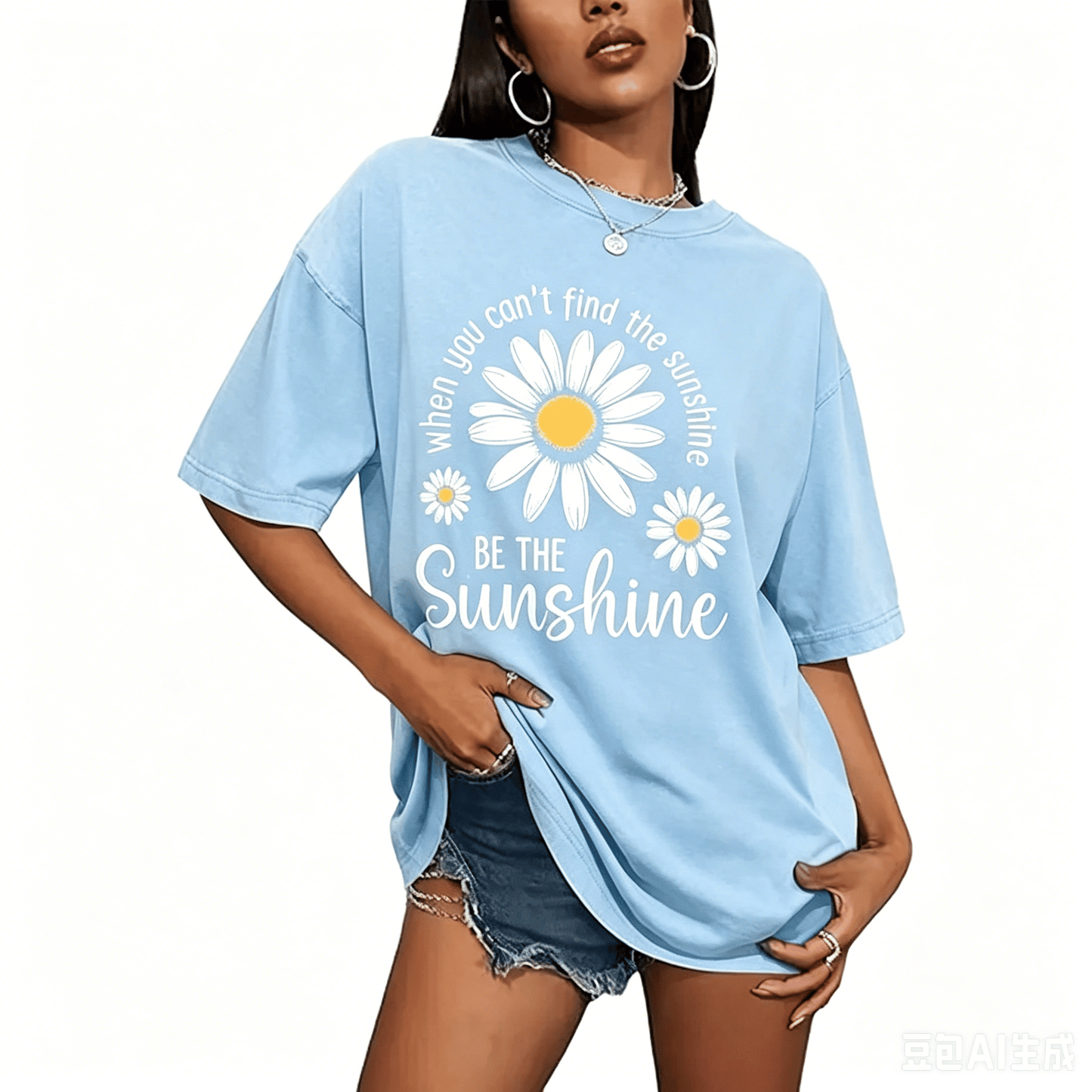 Women's Summer 100% Cotton T-Shirt: Sunshine Graphic,solid colors, Double Stitching, Breathable, Loose Fit, Casual Basic Tee for Daily Wear