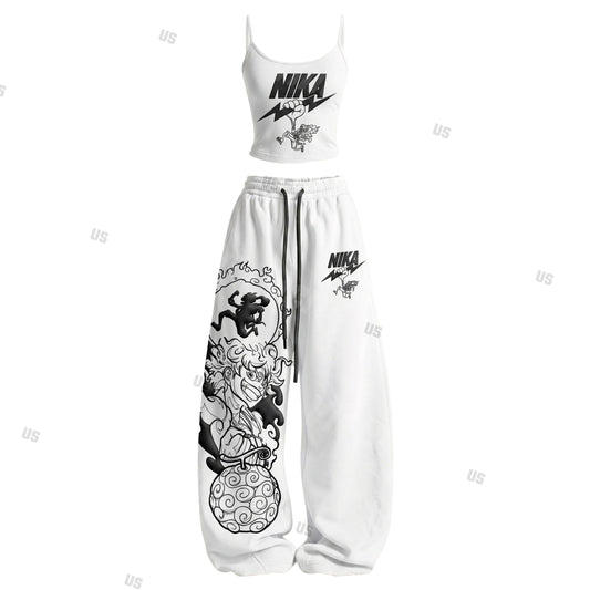 Strappy Top + Baggy Sweatpants Set: Stylish & Casual Anime-Print Outfit (Top Includes Built-in Padding)