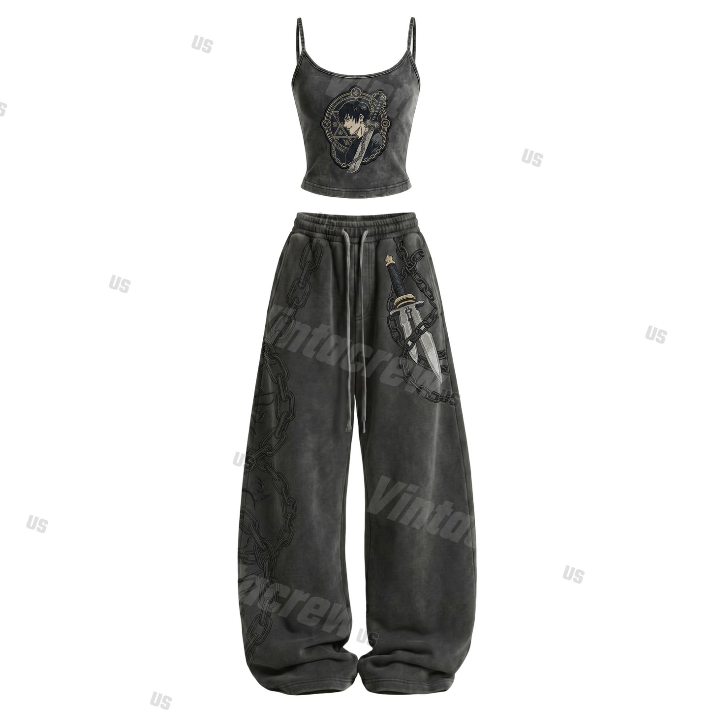 Strappy Top + Baggy Sweatpants Set: Stylish & Casual Anime-Print Outfit (Top Includes Built-in Bra Cups)