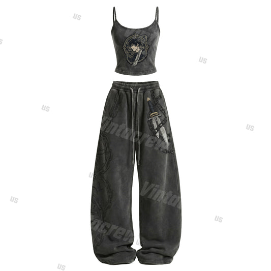 Strappy Top + Baggy Sweatpants Set: Stylish & Casual Anime-Print Outfit (Top Includes Built-in Bra Cups)