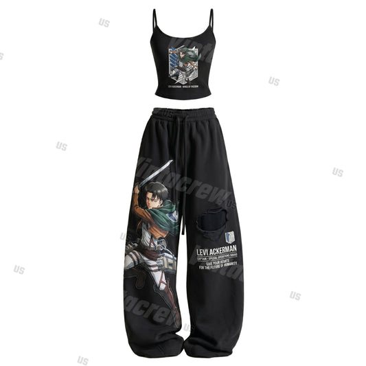 Strappy Top + Baggy Sweatpants Set: Stylish & Casual Anime-Print Outfit (Top Includes Built-in Bra Cups)