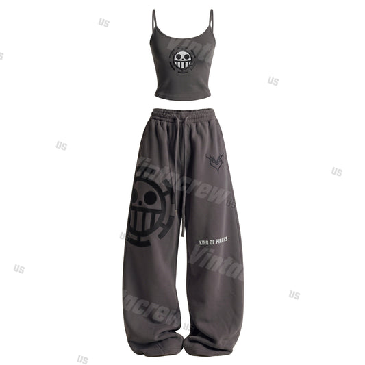 Strappy Top + Baggy Sweatpants Set: Stylish & Casual Anime-Print Outfit (Top Includes Built-in Bra Cups)