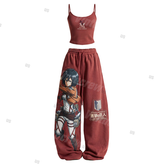 Strappy Top + Baggy Sweatpants Set: Stylish & Casual Anime-Print Outfit (Top Includes Built-in Bra Cups)