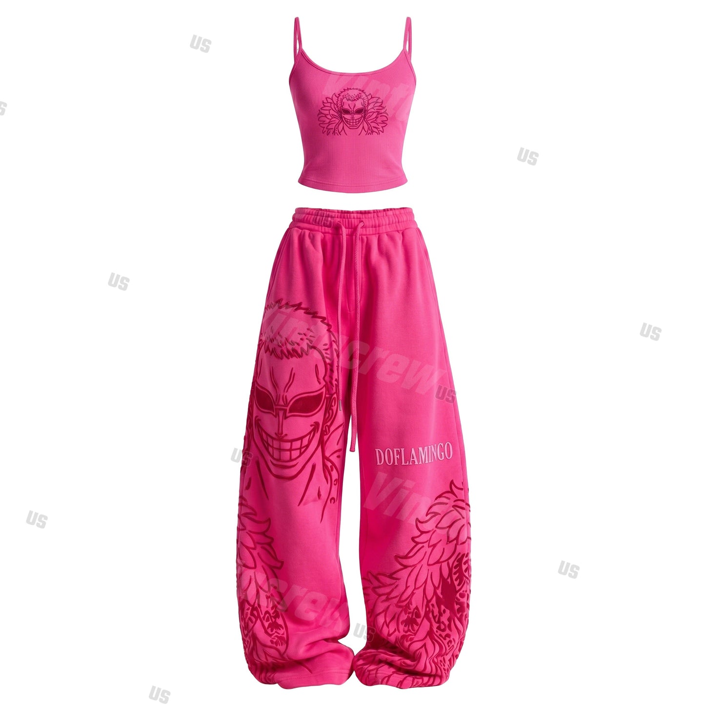 Strappy Top + Baggy Sweatpants Set: Stylish & Casual Anime-Print Outfit (Top Includes Built-in Bra Cups)
