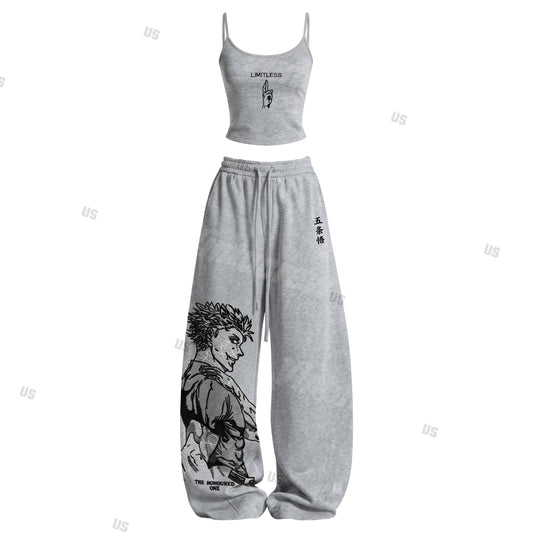 Strappy Top + Baggy Sweatpants Set: Stylish & Casual Anime-Print Outfit (Top Includes Built-in Bra Cups)