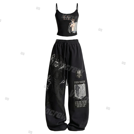 Strappy Top + Baggy Sweatpants Set: Stylish & Casual Anime-Print Outfit (Top Includes Built-in Bra Cups)