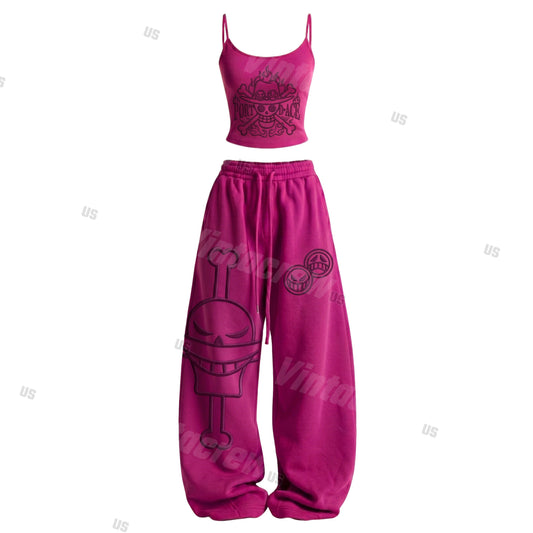 Strappy Top + Baggy Sweatpants Set: Stylish & Casual Anime-Print Outfit (Top Includes Built-in Padding)