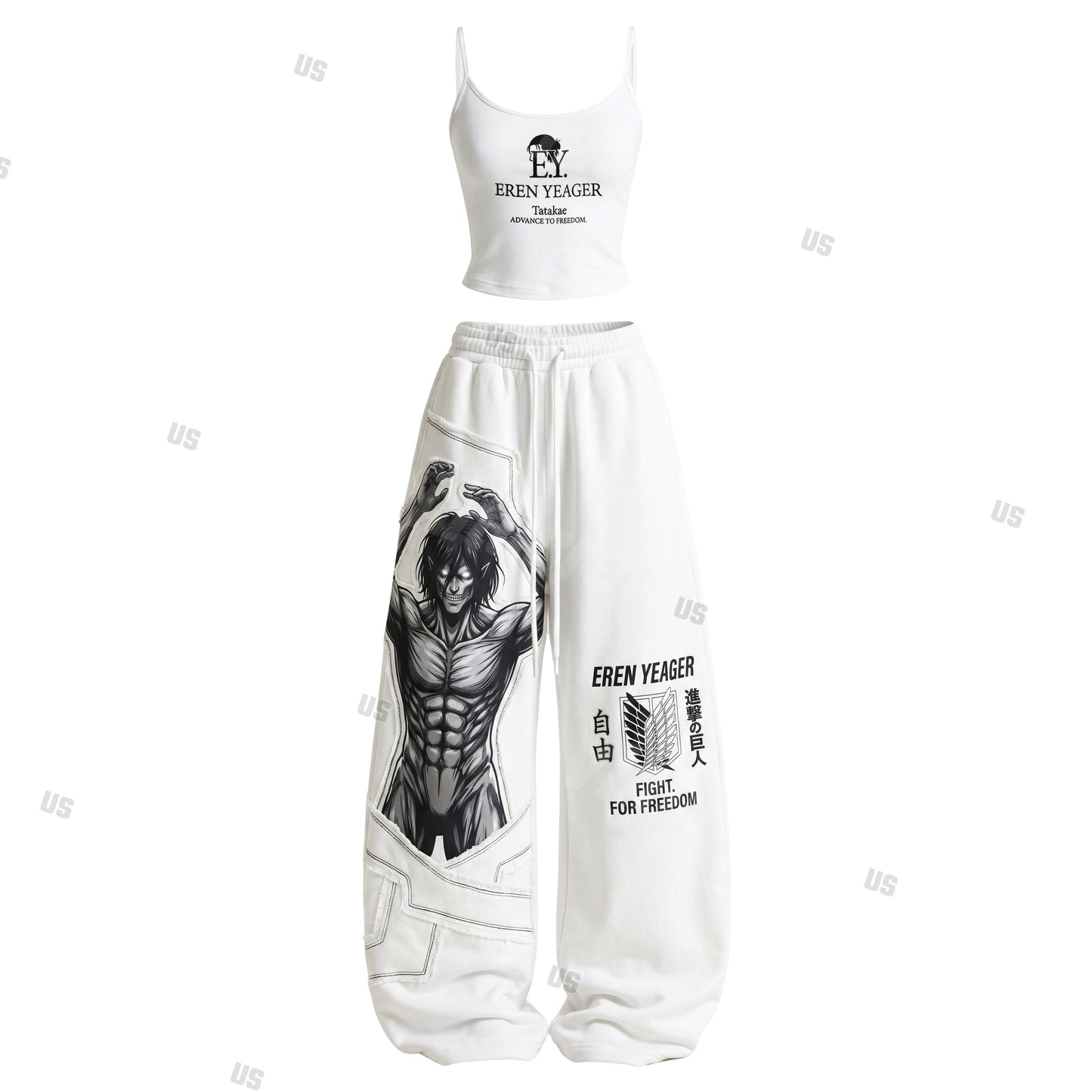 Strappy Top + Baggy Sweatpants Set: Stylish & Casual Anime-Print Outfit (Top Includes Built-in Bra Cups)