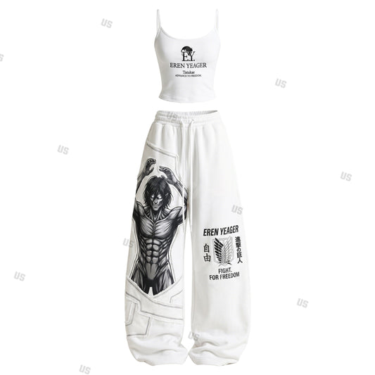 Strappy Top + Baggy Sweatpants Set: Stylish & Casual Anime-Print Outfit (Top Includes Built-in Bra Cups)